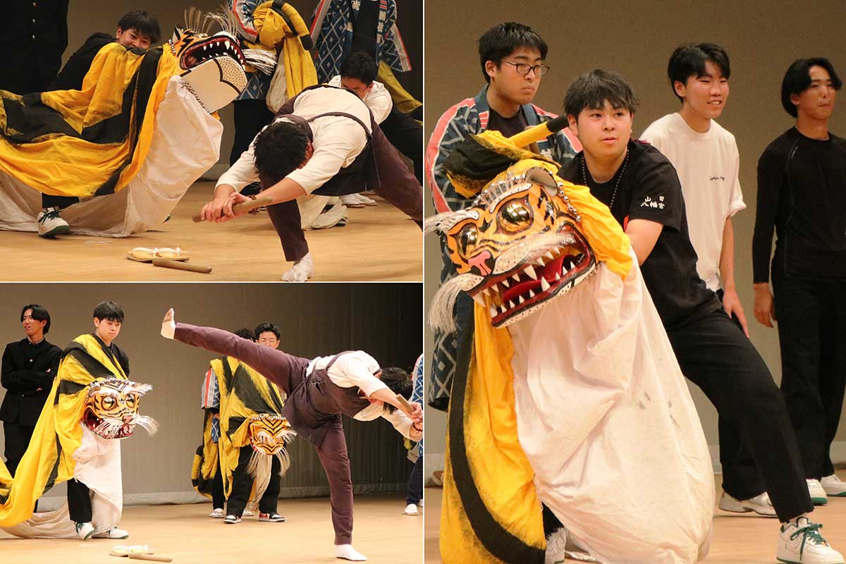 ゼミメンバーらは会場で演舞を披露した鵜住居虎舞の演目「跳ね虎」も体験