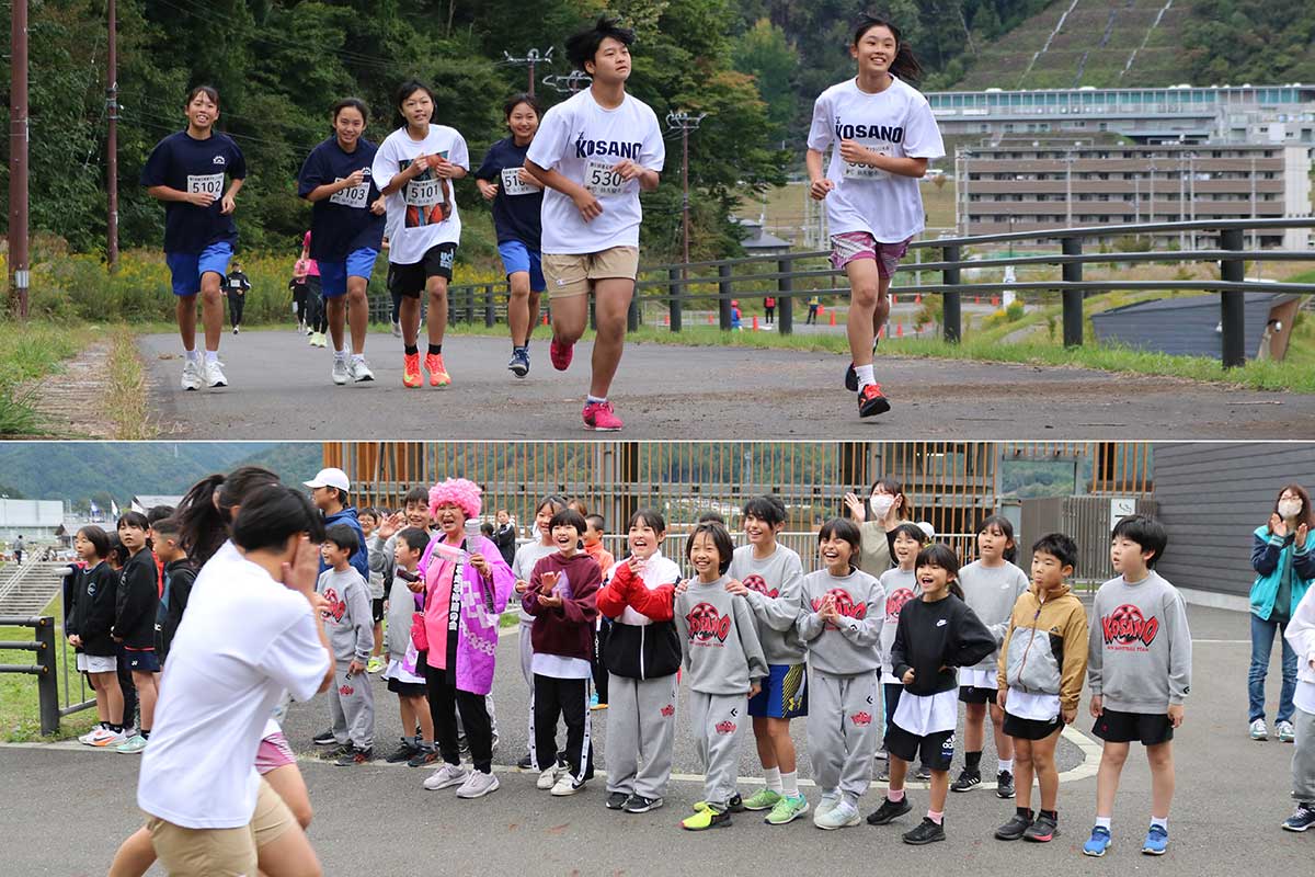 通常の5キロの部には小学校高学年以上が参加。スタート後、スタジアム後方の坂道を駆け上がる。まだ余裕の小・中女子ランナー