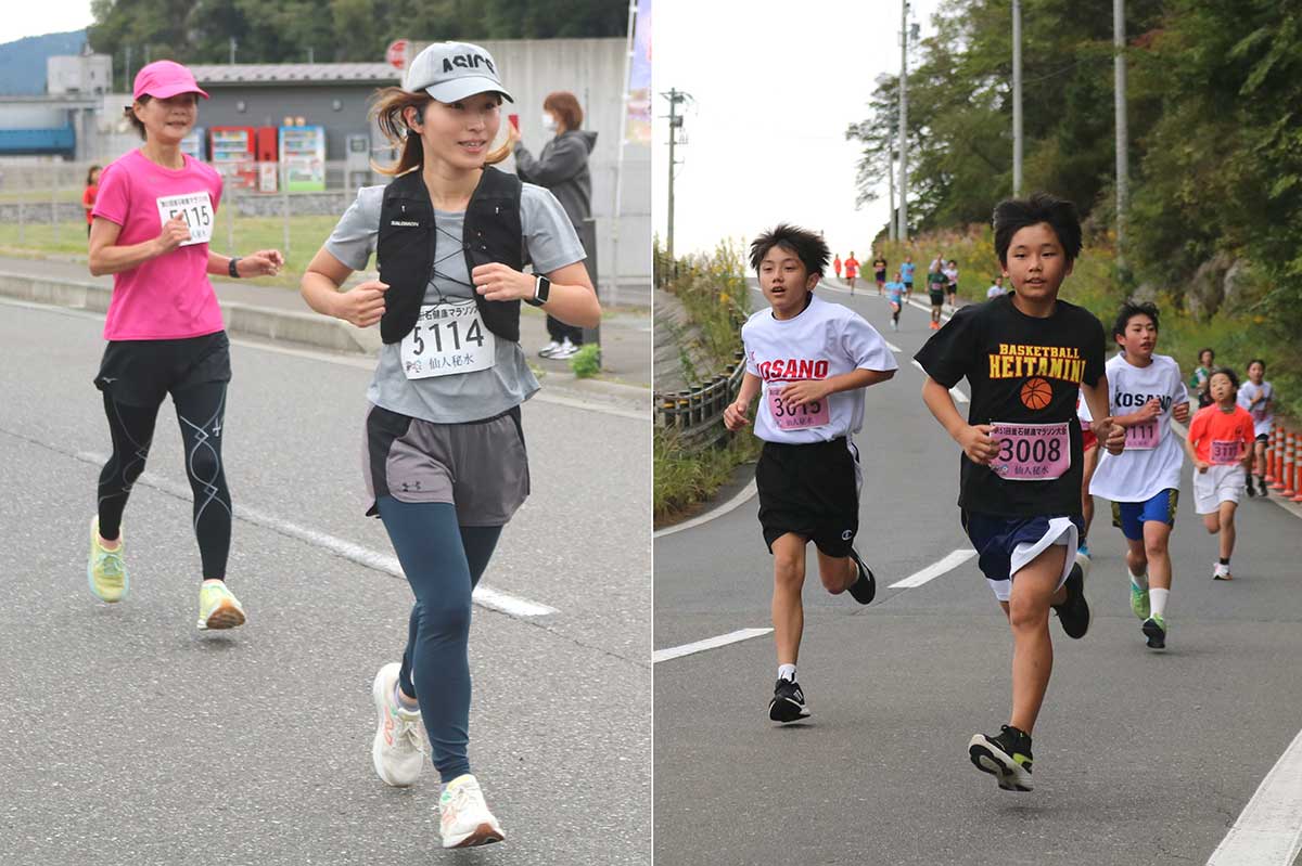 根浜で折り返し、スタジアム方面に戻る5キロ(左)と3キロ(右)の参加者