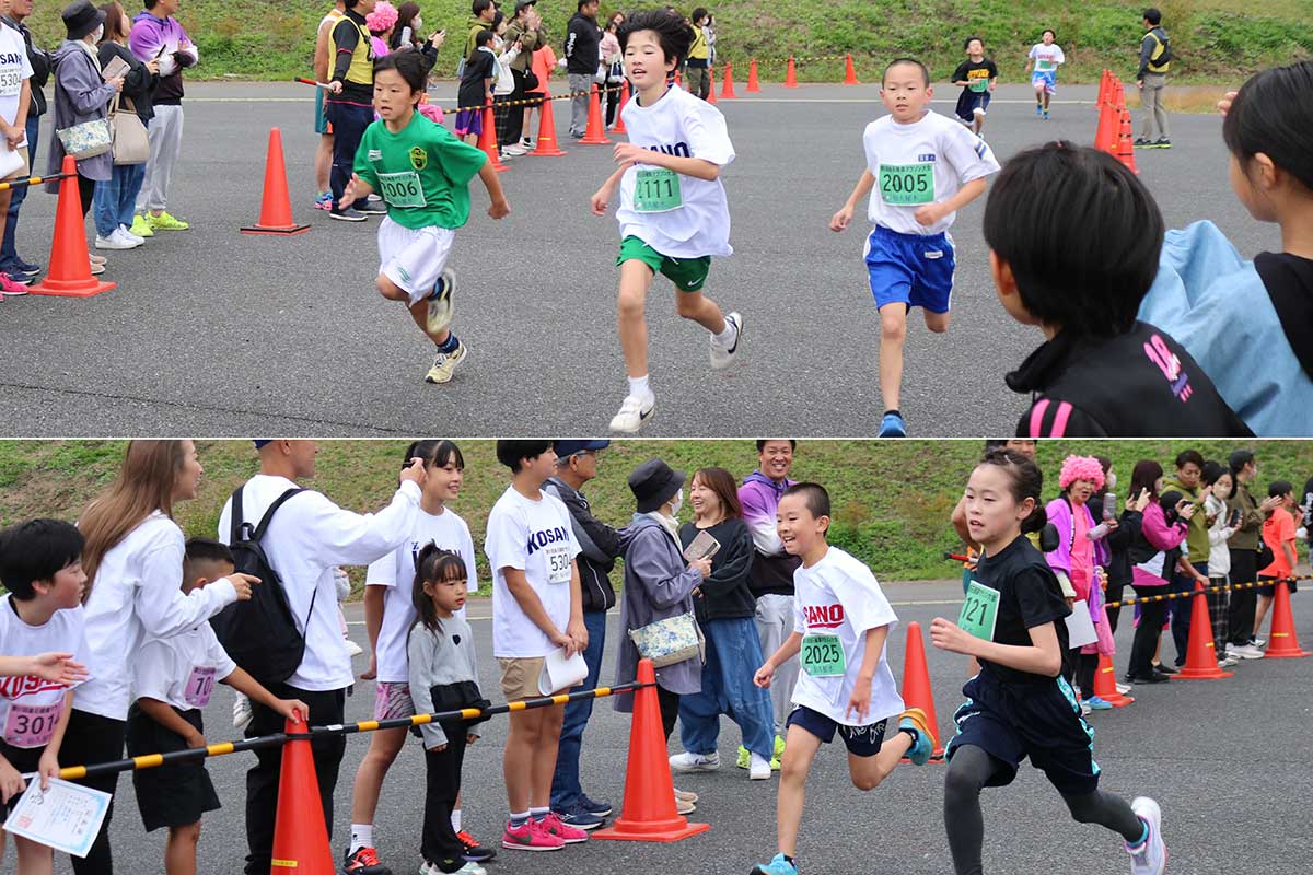 グラウンド内のゴールを前に順位争いのデッドヒートを繰り広げる小学生