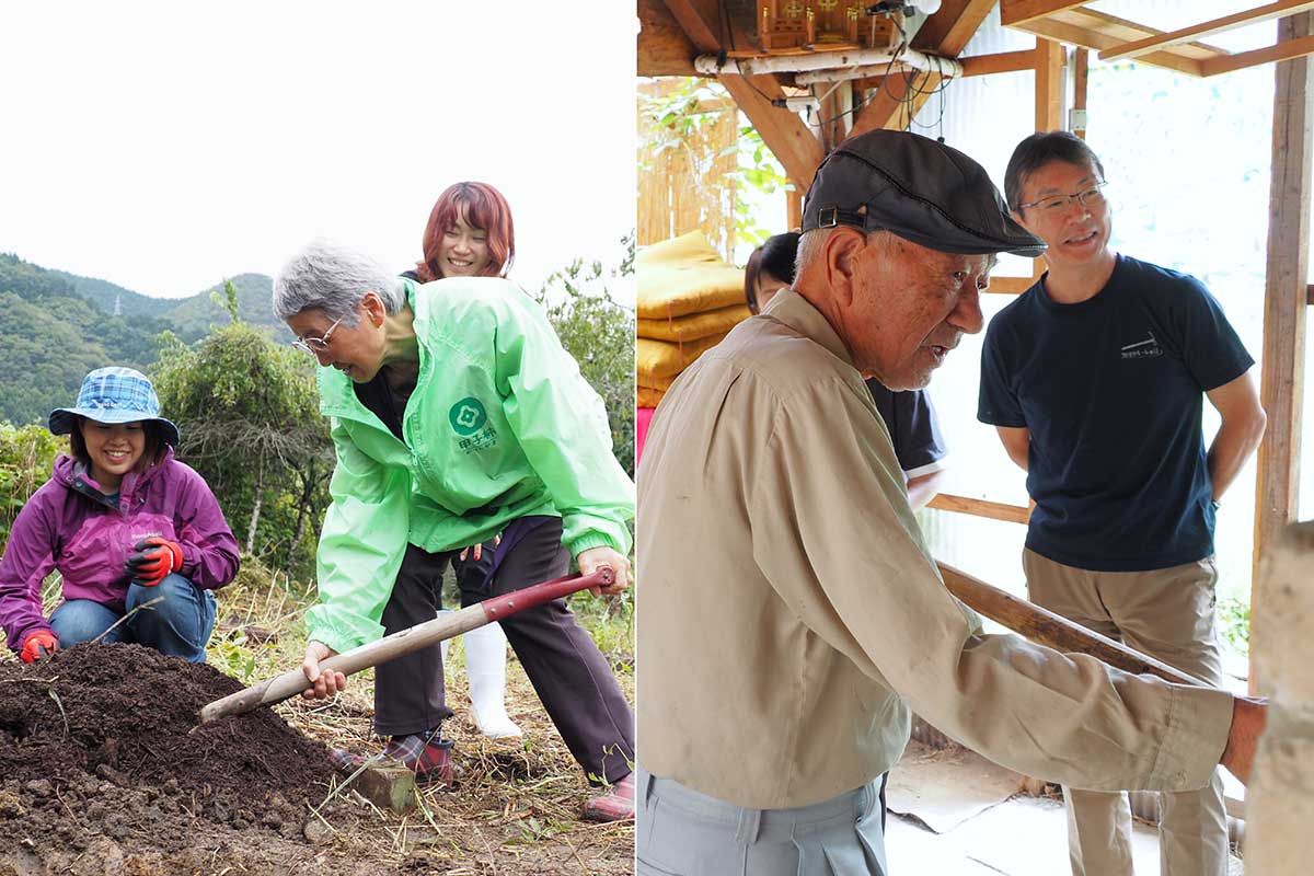 新ファームを応援する藤井了さん(右写真・手前)とサヱ子さん(左写真・手前)