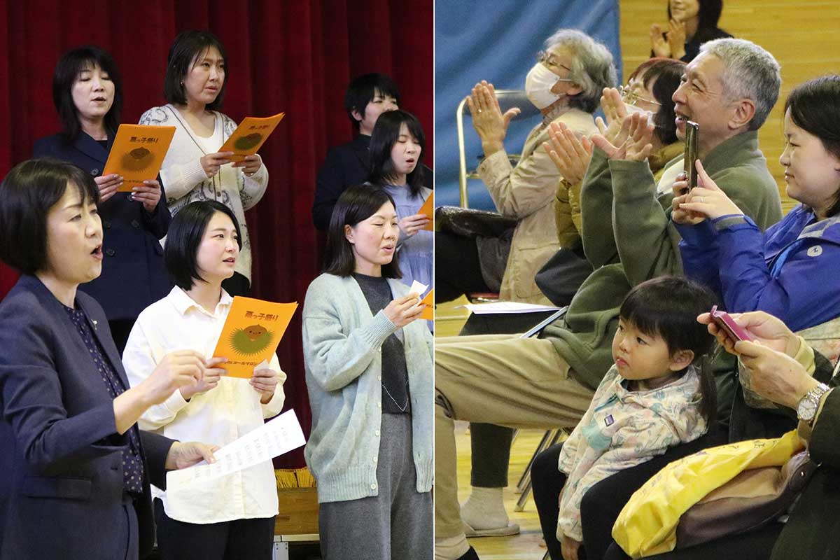 八木澤さんの指揮で「もみじ」を合唱。会場はふるさとを思う温かい空気に包まれた