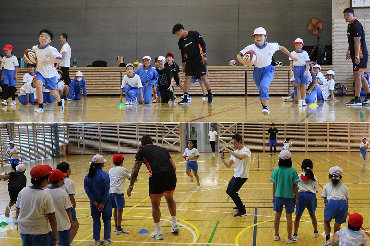 ラグビーボールがバトン代わり。グループ対抗リレーで大盛り上がり!