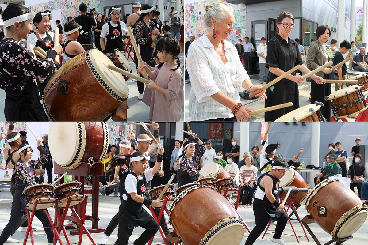 野田村の「なもみ太鼓」。演奏後、来場者がメンバーから教わりながら体験した