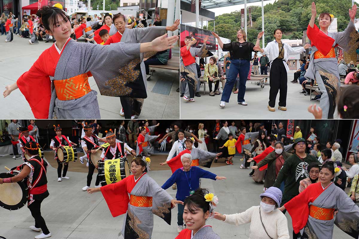 青森県階上町の「田代盆踊」。太鼓のリズムに合わせ、来場者も踊りを楽しんだ