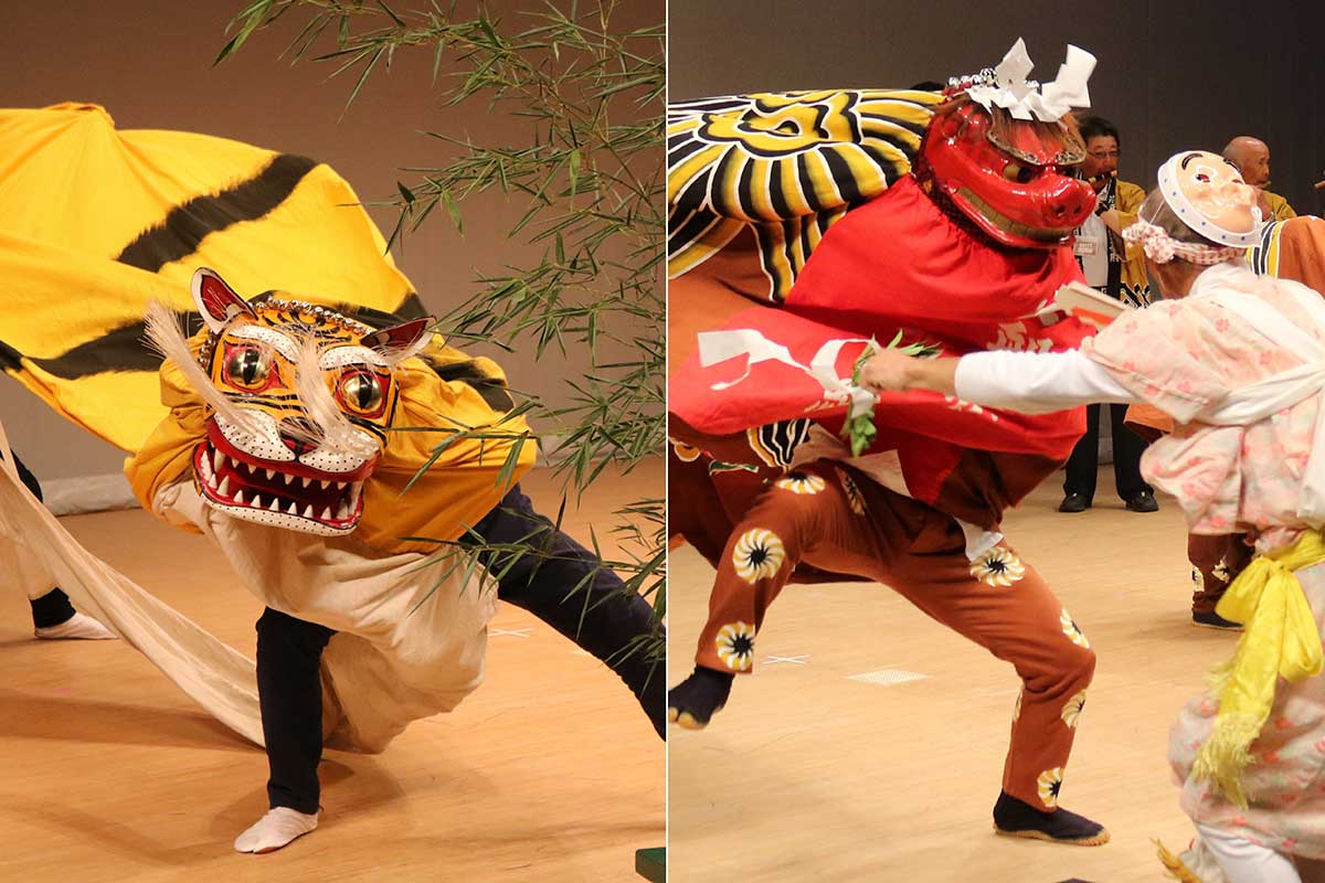 釜石市の「鵜住居虎舞」（左）と大船渡市の「門中組虎舞」（右）。北と南で頭や踊りが全く異なる