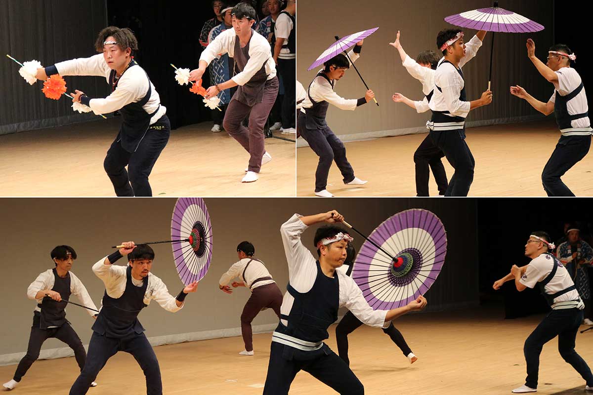 鵜住居虎舞は多くの手踊りも伝承。この日は豊年舞（左上）と傘甚句を披露