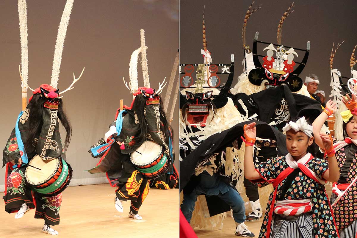 住田町の「行山流高瀬鹿踊」（左）と釜石市の「小川しし踊り」。同じ鹿でも表現が違うのが面白い