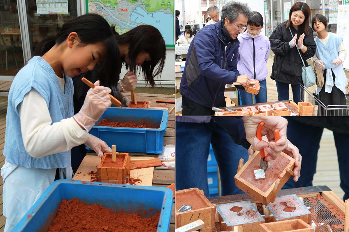 釜石・鉄の歴史館でおなじみの鋳造体験。高温で溶かしたスズを流し入れてキーホルダーを作る