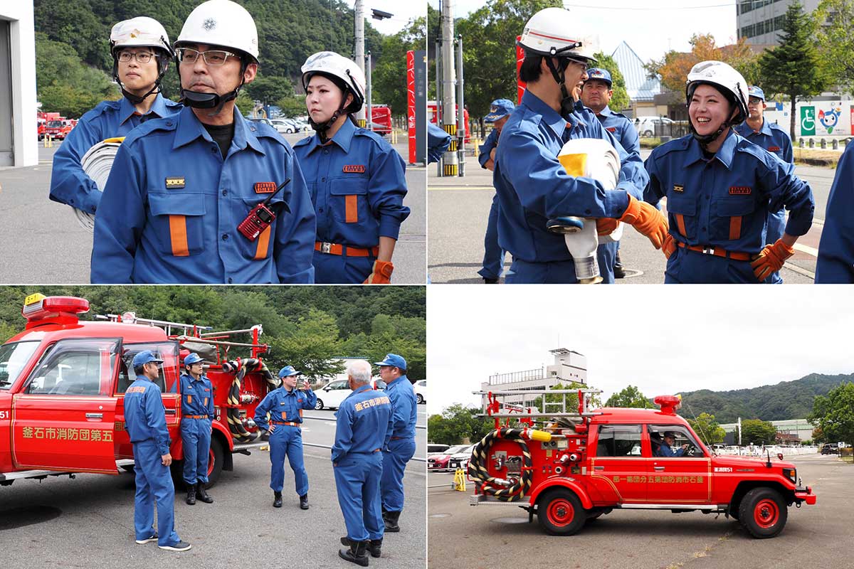 小林さんは所属する5分団1部の先輩団員と訓練に臨んだ
