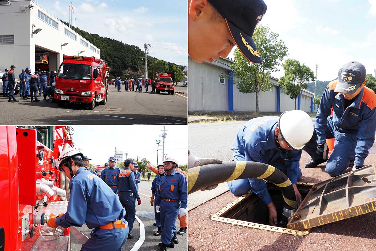 各分団の消防ポンプ車を使った中継訓練の様子