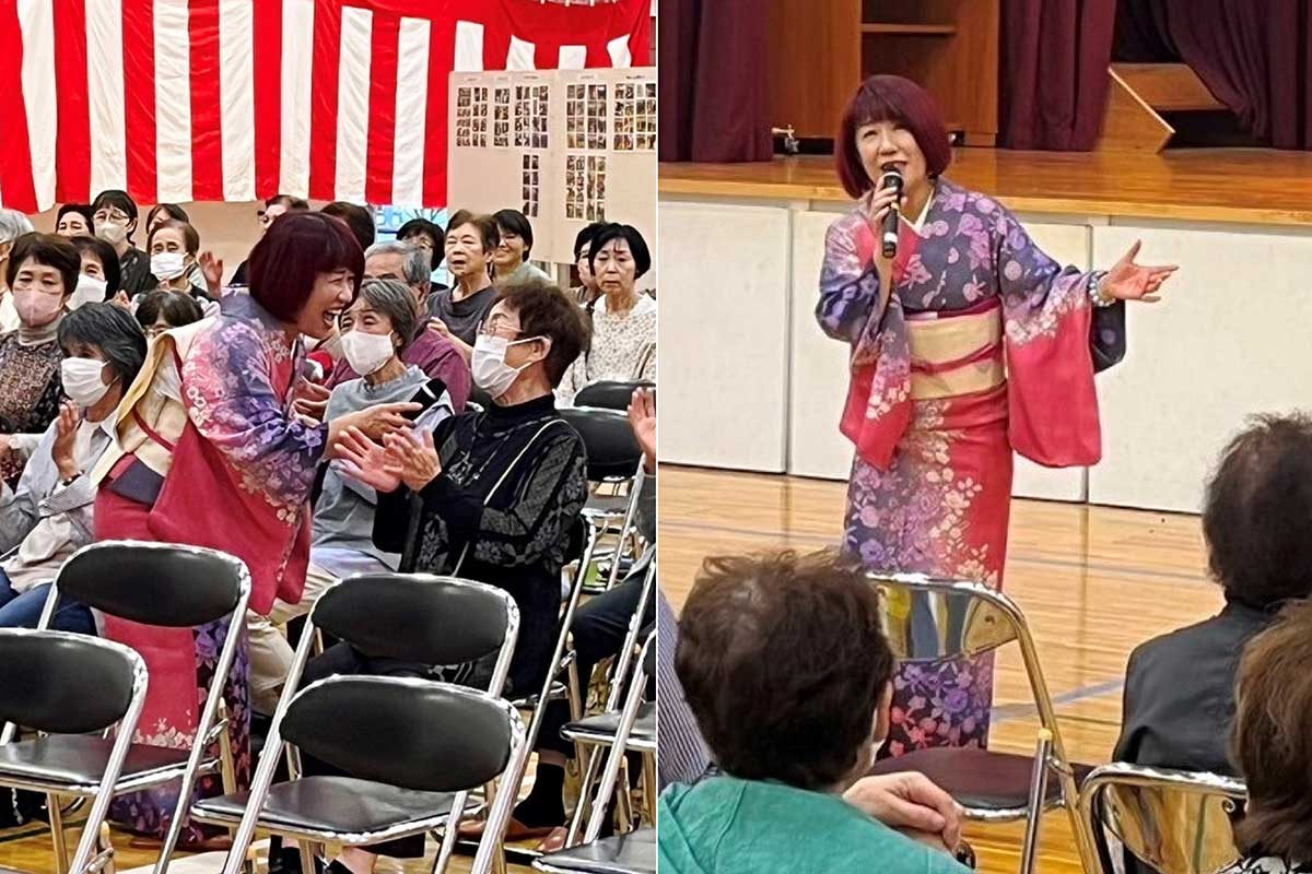 岩手を代表する民謡などを披露した佐野よりこさん。10月生まれの方に自身のCDをプレゼントした(写真提供:唐丹公民館)