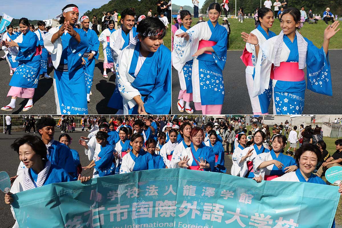 釜石市国際外語大学校は3カ国の学生が参加。そろいの浴衣で初よいさを楽しんだ