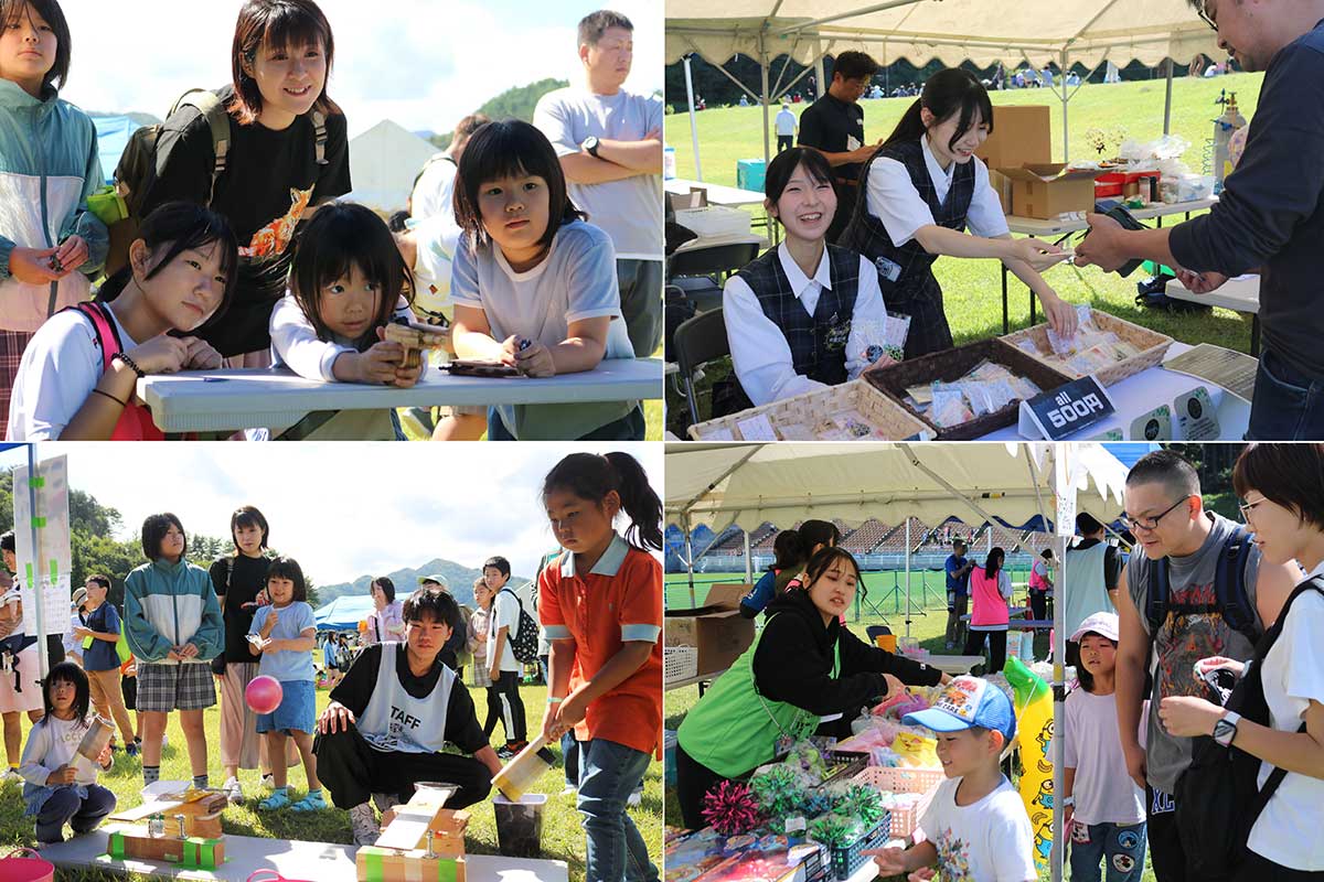 子どもたちを楽しませたおまつり広場。さまざまな遊びに興じた。釜石商工高生は課題研究で取り組む「大槌刺し子」の作品を販売(右上)