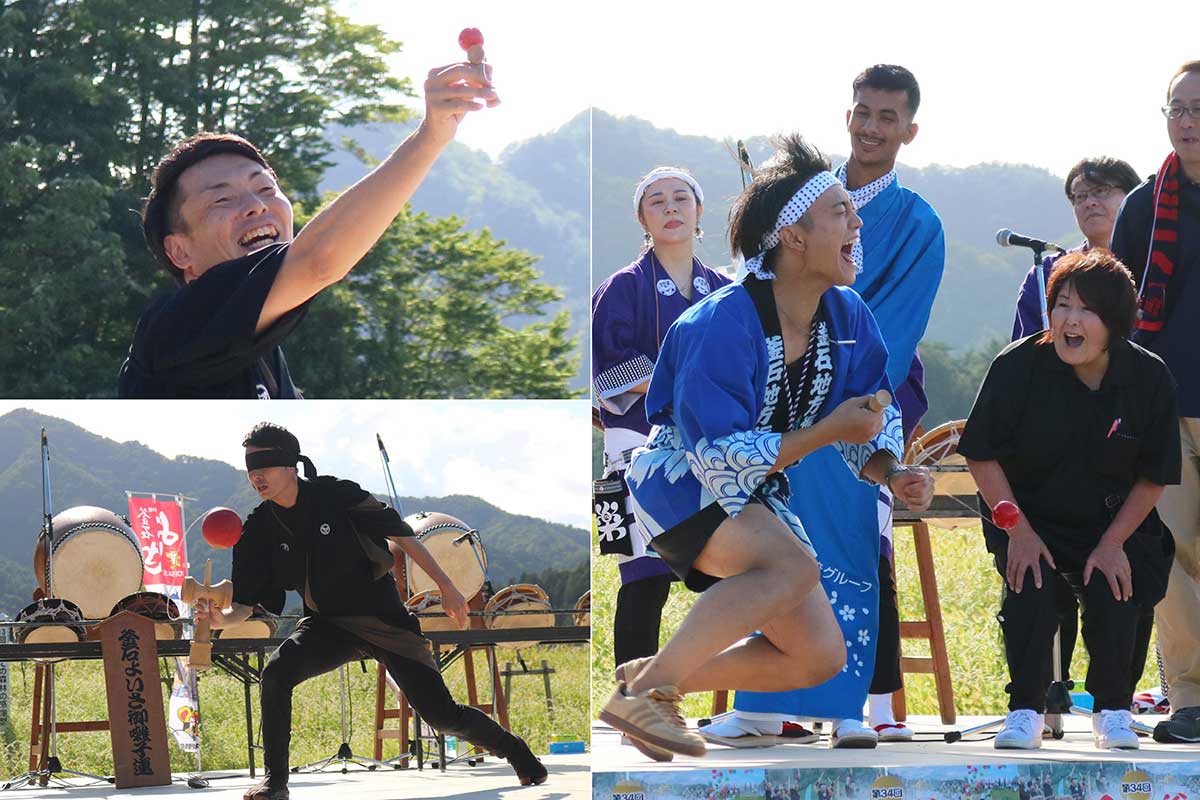 プロけん玉師の伊藤佑介さんのパフォーマンスは圧巻(左)。よいさのリズムに合わせ、参加者がけん玉対決(右)