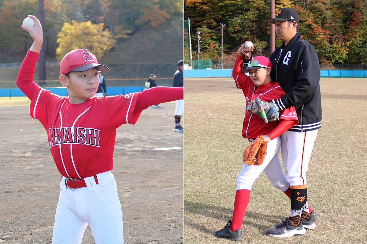 投球フォームを学び、実践してみる釜石野球団Jrの団員
