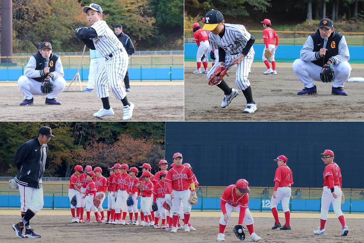 大田さんと東野さんが見守る中、捕球の実践練習。コツをつかむと動作もスムーズに