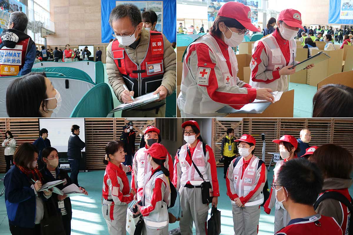 日本医師会災害医療チーム(JMAT)の医師や日本赤十字社派遣の医師や看護師らが避難所を巡回し患者(役)の診療を行った