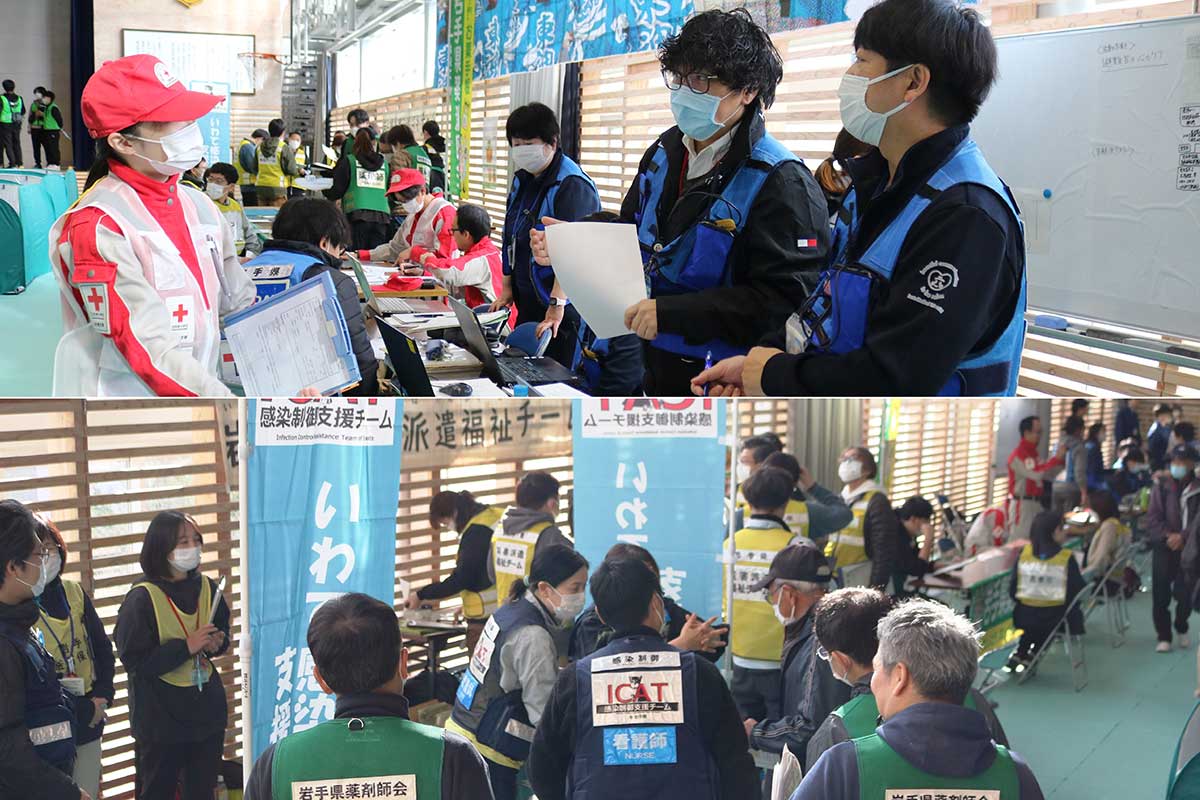 写真上:心のケアを行う災害派遣精神医療チーム(DPAT)=右側と連携を確認 同下:感染制御支援チーム(ICAT)は避難所における感染症予防対策を訓練