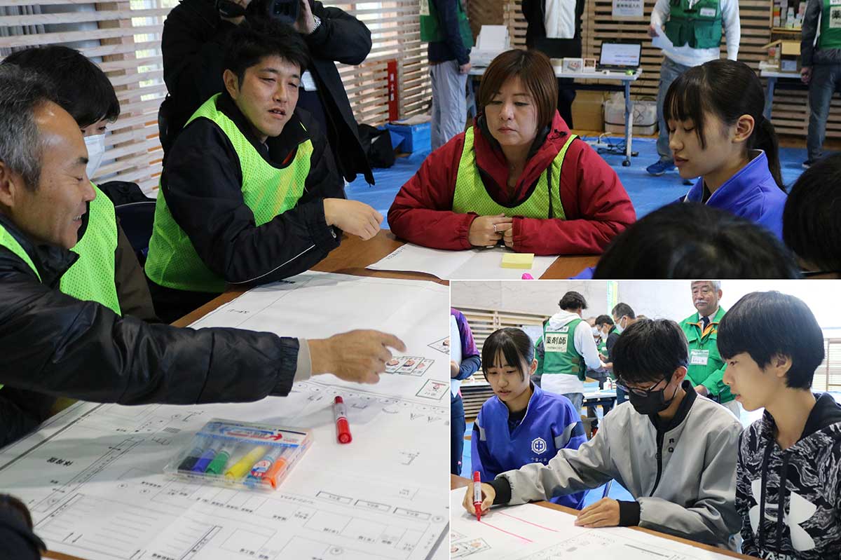 鵜住居町の住民らがHUGを体験。釜石東中生(写真右下)も防災力を高めようと参加