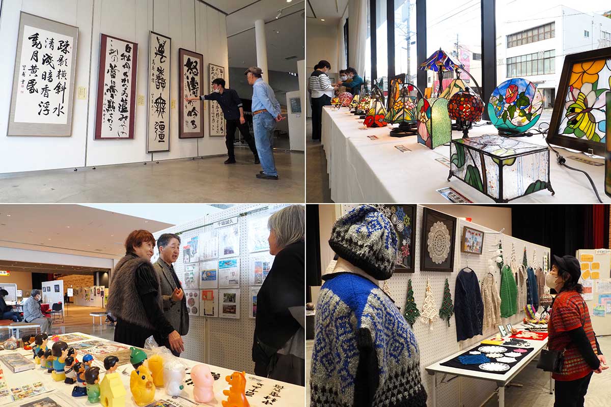 ステンドグラスや郵趣品、編み物など多彩な作品がずらり