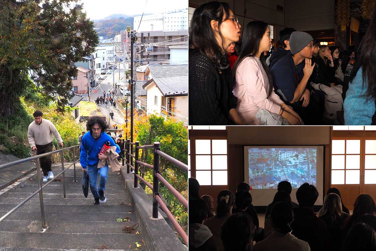 学生らは仙寿院で避難訓練を体験し、映像で震災当時の状況を学んだ＝11月8日