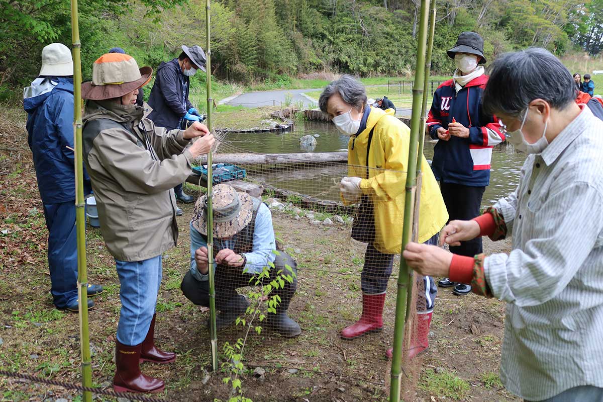 開設1周年記念イベントでは、かまいし環境ネットワークの会員らがエゾエノキの幼木を植樹＝2025年5月