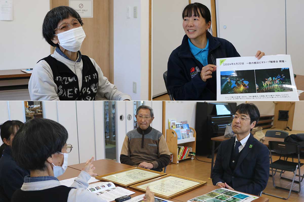 かまいし環境ネットワークの加藤直子代表（左上）、かまいしDMCの佐藤奏子さん（右上）が、釜石東ロータリークラブの中田義仁副会長（写真下右）、同ネットワーク会員の臼澤良一さん（同中）とこれまでの活動を振り返る