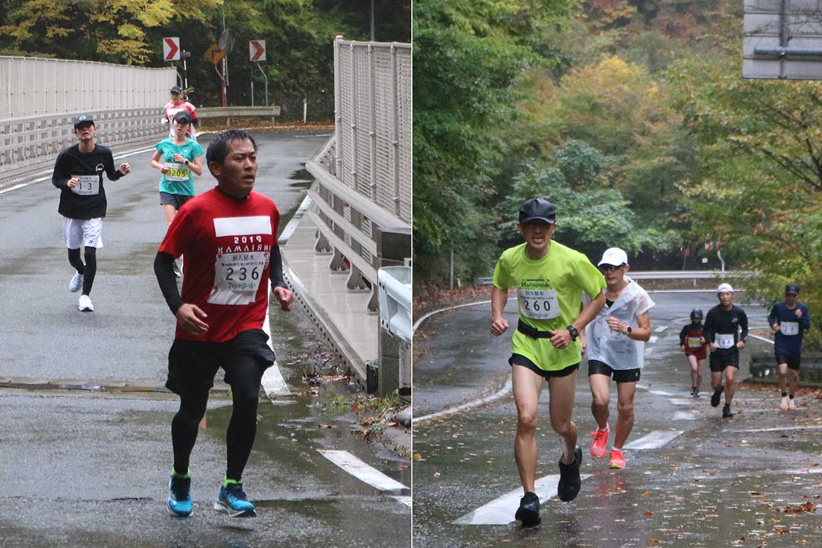 歯を食いしばり一歩一歩前へ(右)。勾配が少ない高架橋で一息(左)。ここから折り返し地点の頂上まで急坂が続く