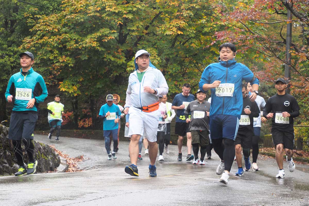 色づき始めた木々を背に走る10キロコースの参加者