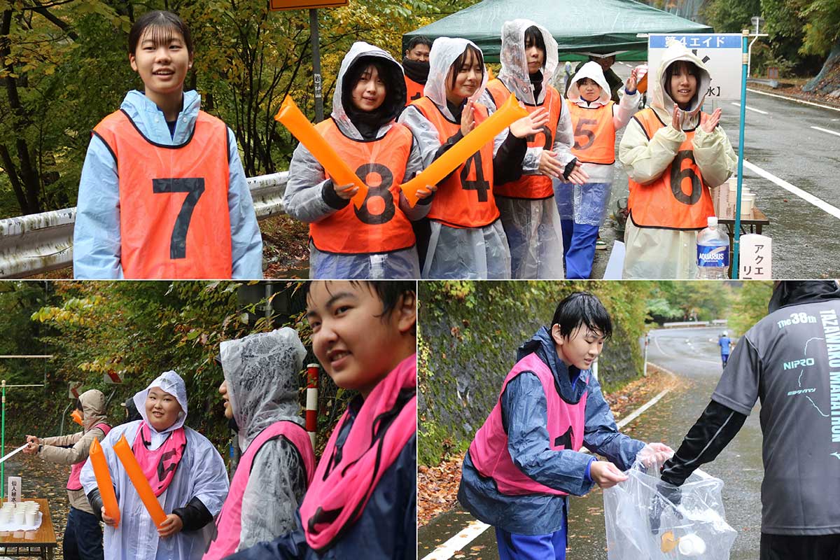 給水ポイントでランナーを支えた甲子中の生徒有志。応援にも力が入る