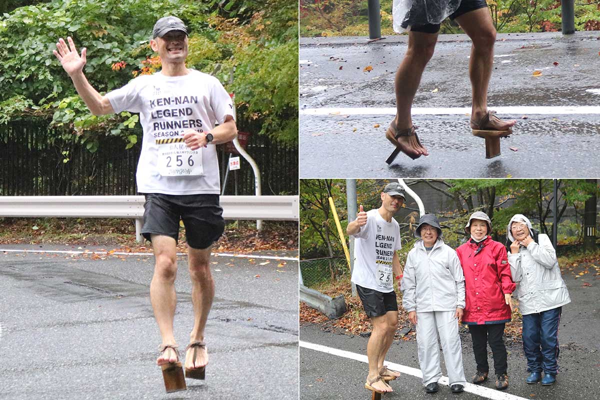 足元は…なんと“一本歯”のげた!!応援に訪れた甲子町住民と記念撮影