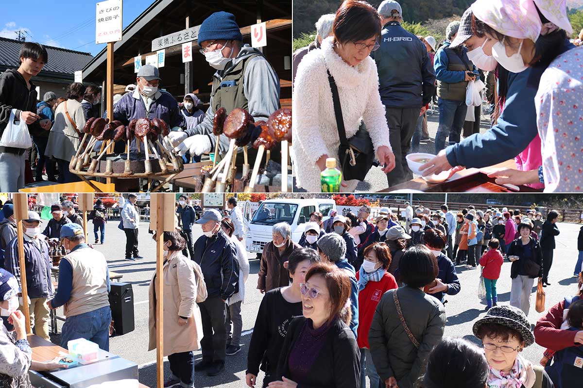 無料の豚汁には長い列が…。炭火で焼くきび団子は香ばしさ満点