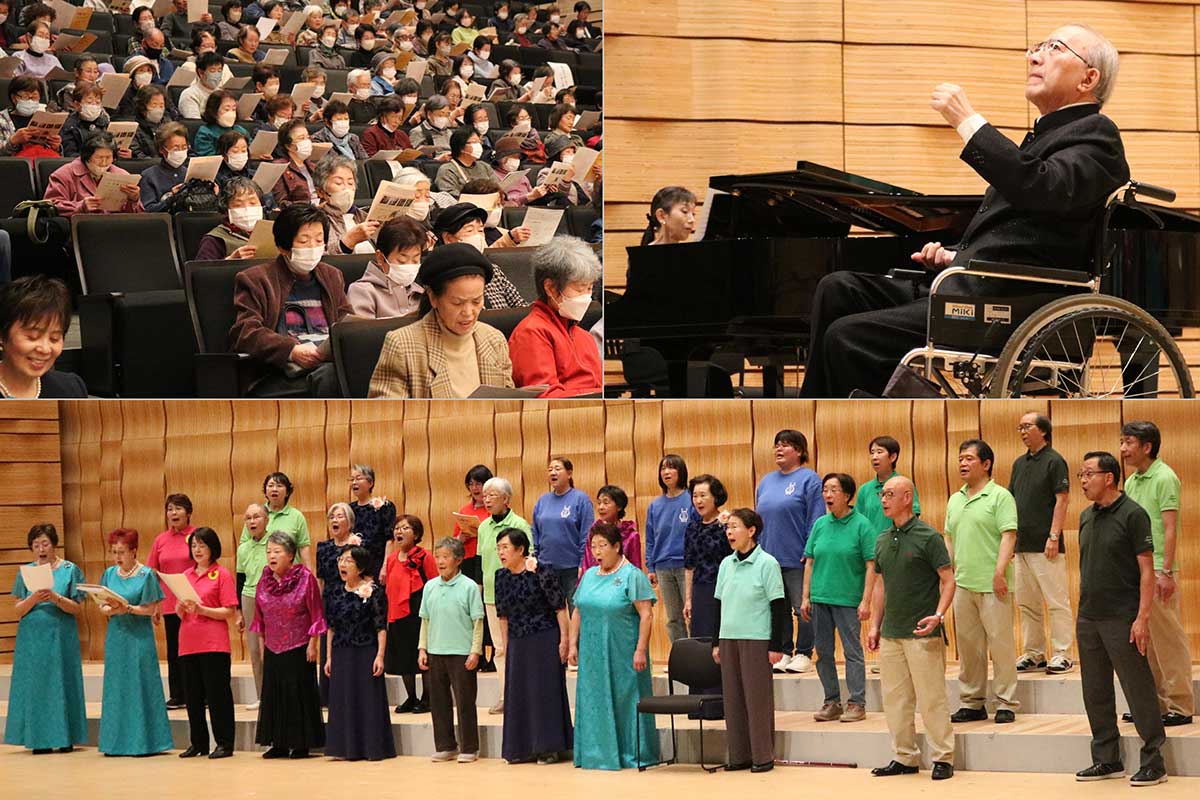 「かまいしの第九」を長年、指揮してきた山﨑眞行さん（右上）が指揮者を務め、会場の全員で“歓喜のうた”を大合唱