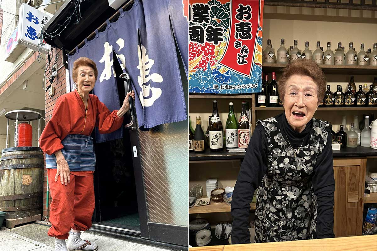 常連客に「お恵さん」と呼ばれ親しまれた菊池悠子さん。左の写真は最終営業の6月25日に店先にのれんを出した菊池さん
