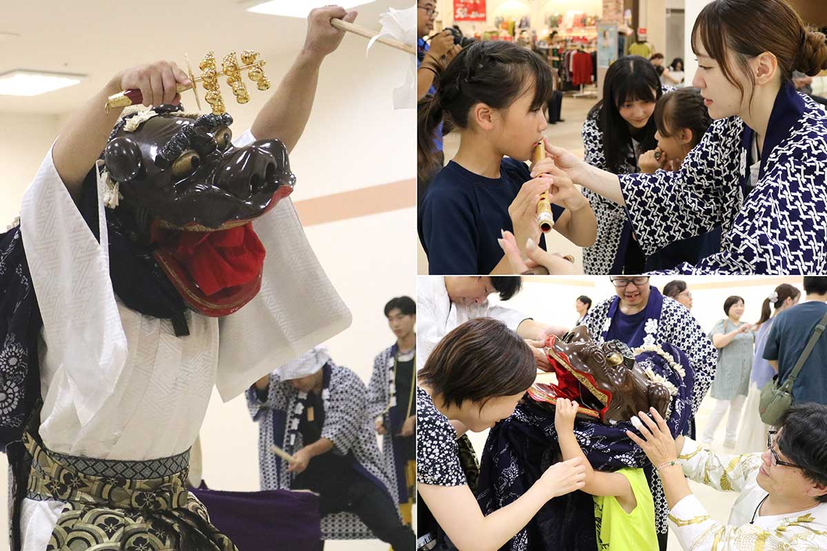郷土芸能の担い手育成を目指し初めて開かれた体験教室。松倉虎舞、太神楽が演舞を披露し、お囃子などを体験してもらった＝8月11日
