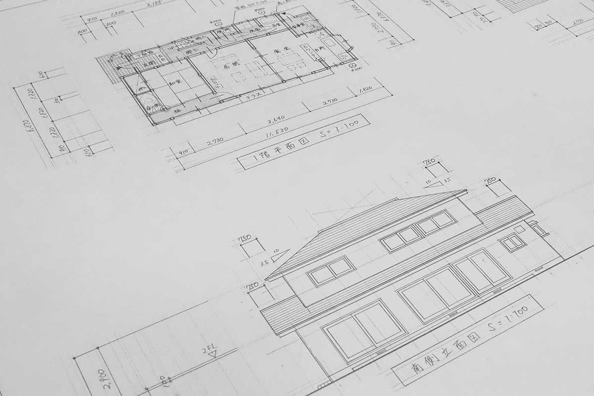 手書きの建築設計図。「きれいに、丁寧に」と心がけた