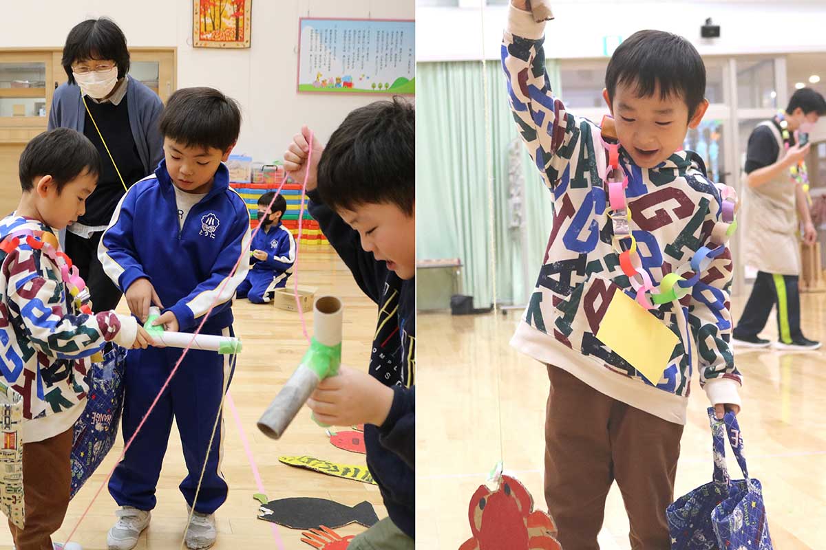 こちらは「釣り屋さん」。竿と魚介類を手作りし、園児を楽しませた