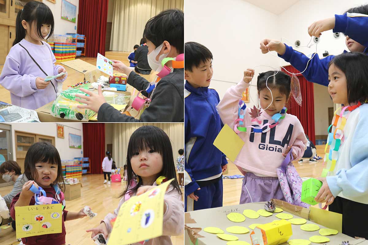 5つのお店を回って好きなシールをゲット!(左)。すごろく屋さんでは落ち葉で作ったペンダントもプレゼント(右)