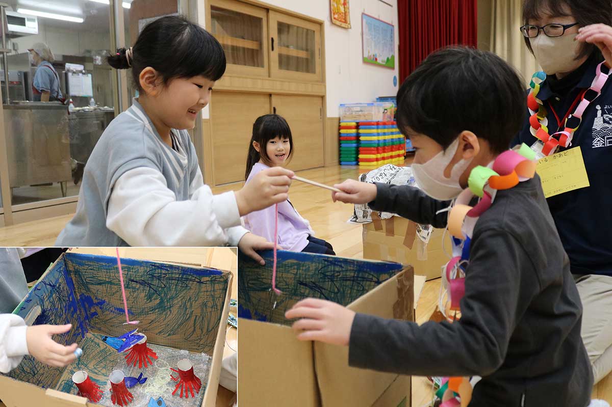 もう一つの「釣り屋さん」は1年の女子児童が手作り。段ボール箱を海に見立てて…