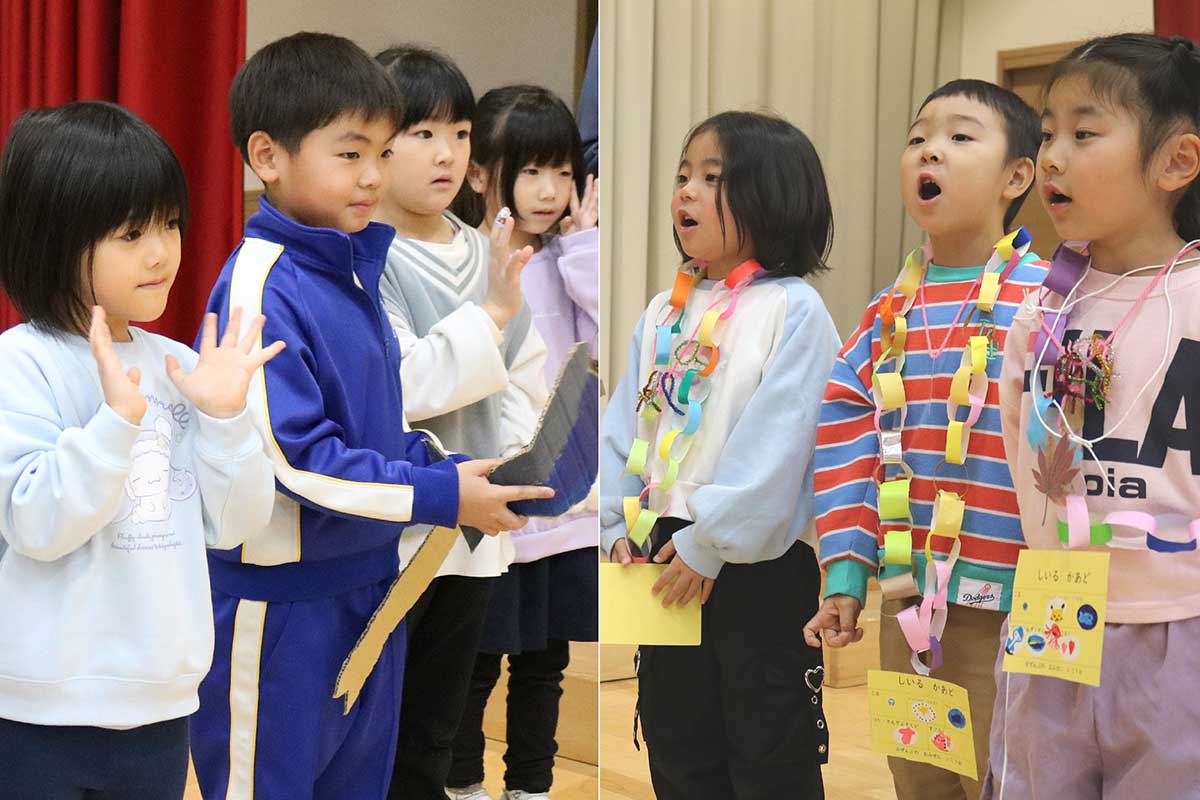 いっぱい遊んでくれたお兄さん、お姉さんに「ありがとう!」(右)。名残惜しそうに手を振る児童(左)