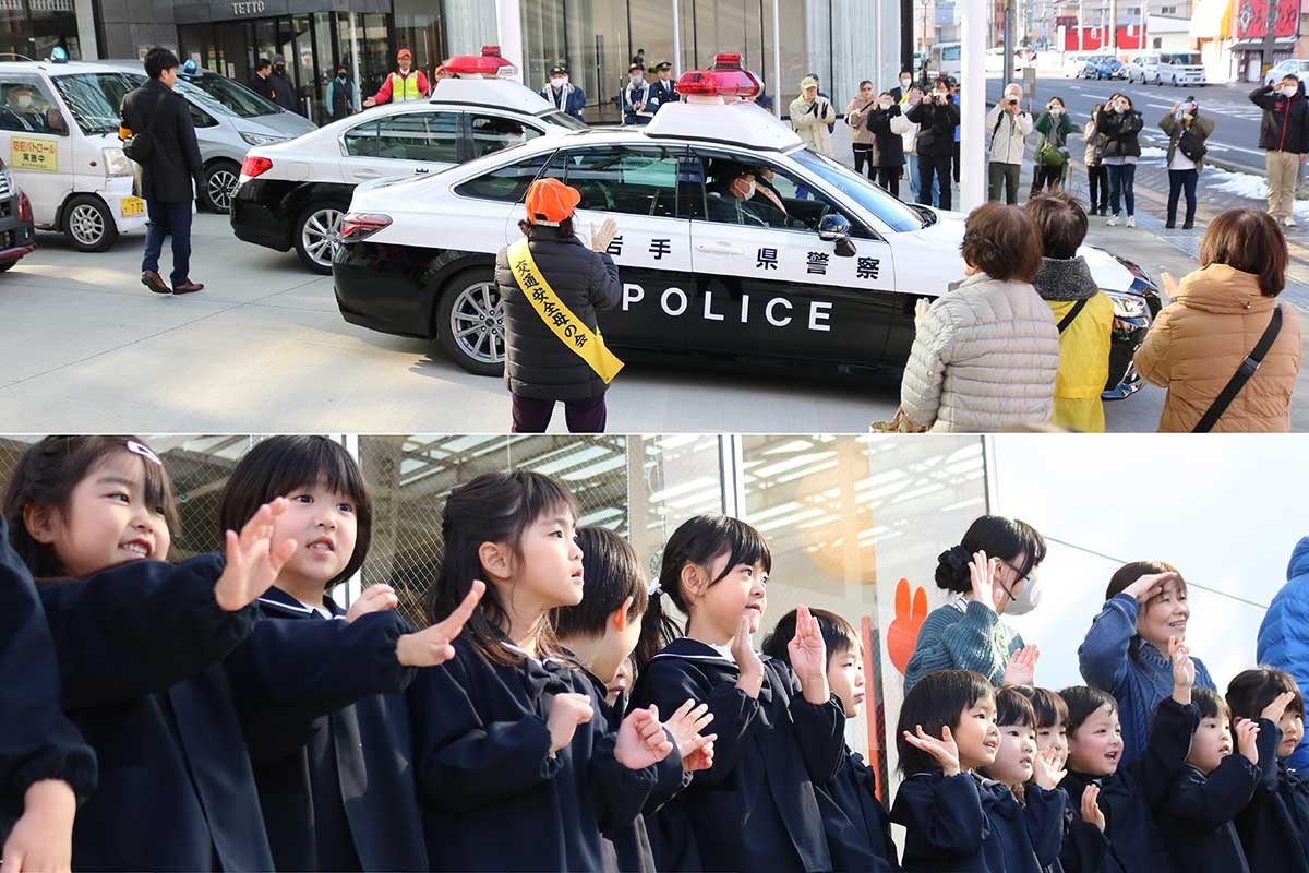 交通事故、犯罪被害防止へ―。パトロールに出発する車両を見送る関係者ら=15日、TETTO前広場