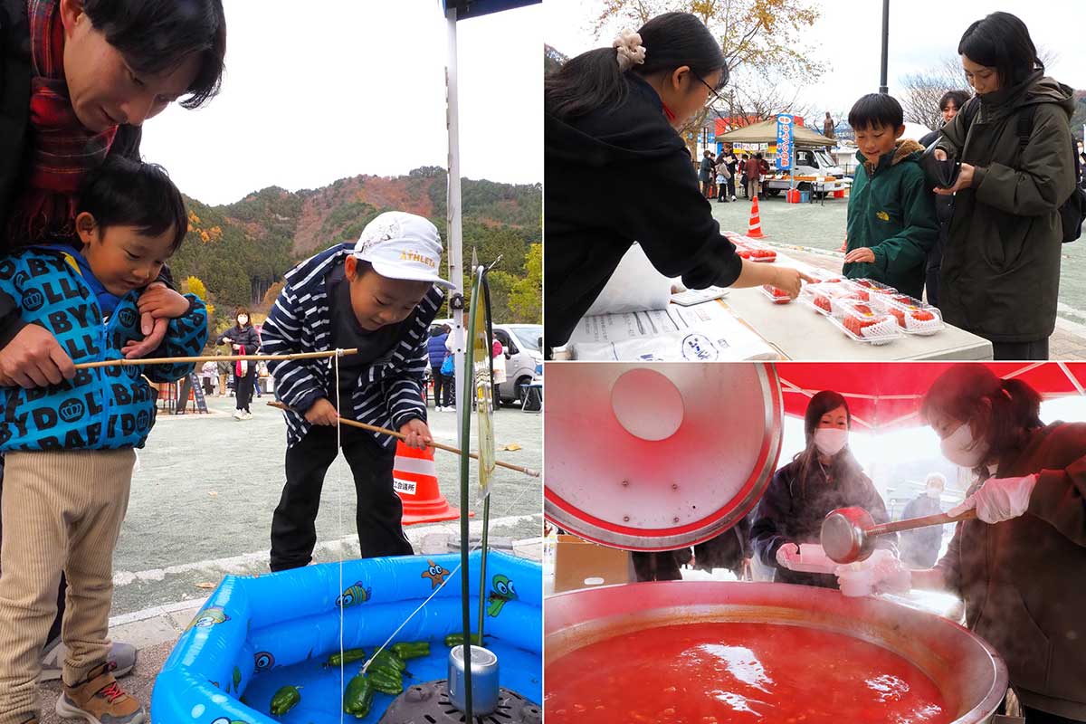 ピーマン釣り、甲子柿販売、スープお振る舞いで山の幸堪能