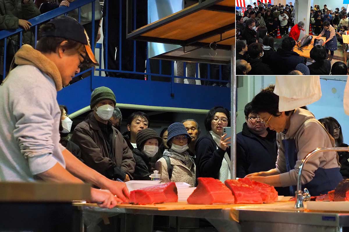 興味津々！人だかりができたマグロの解体ショー