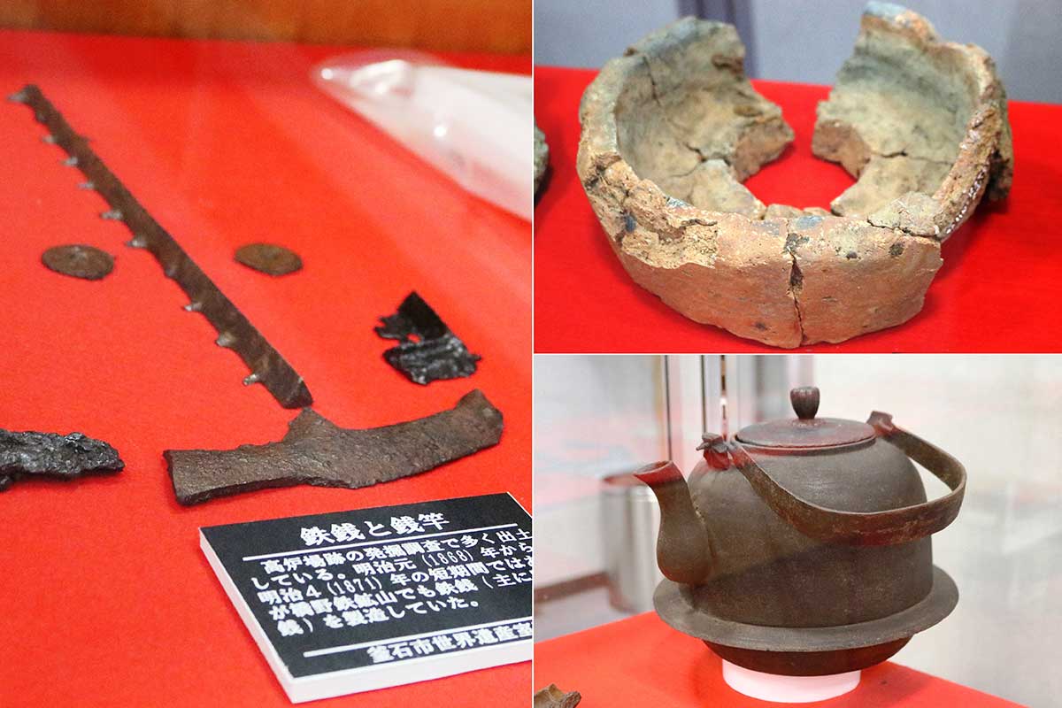 鉄銭は主に四文銭を鋳造（左）。鉄瓶の鋳型の土台部分とみられる遺物（右上）も出土