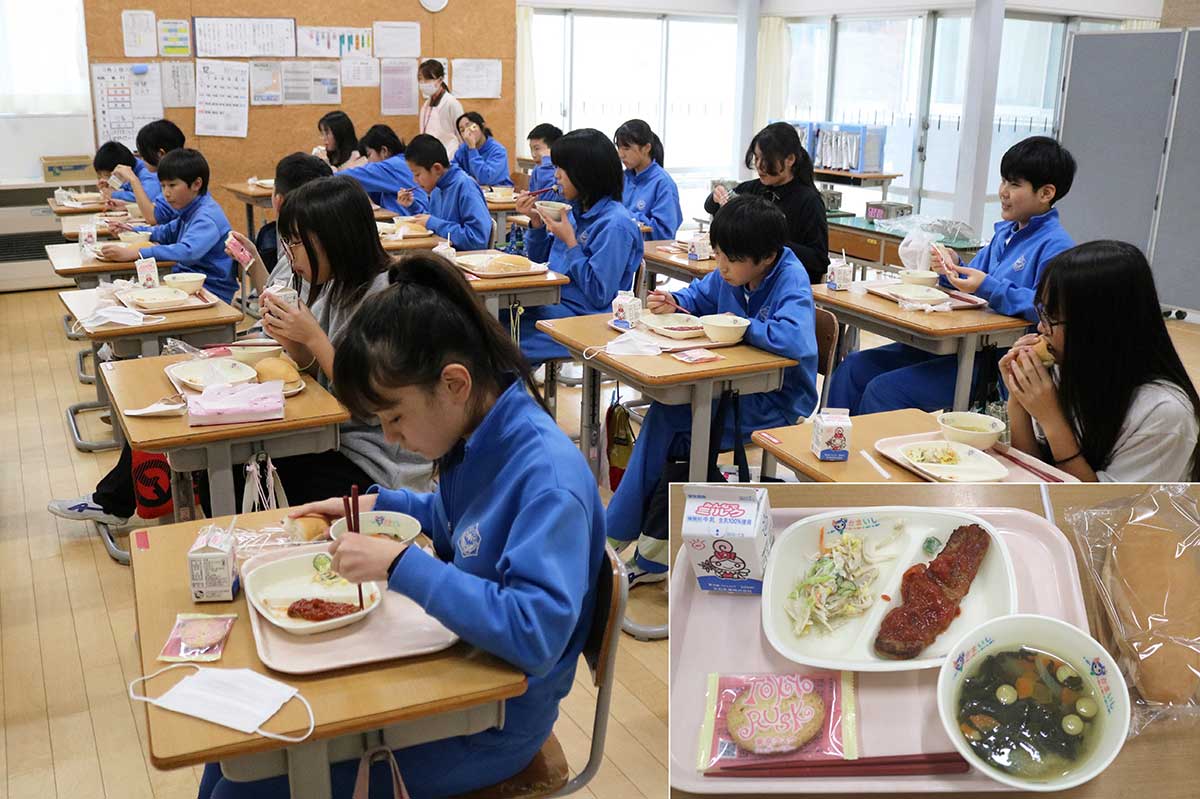 鵜住居小では給食の最初に校内放送でグランバーからのラスク提供について紹介した