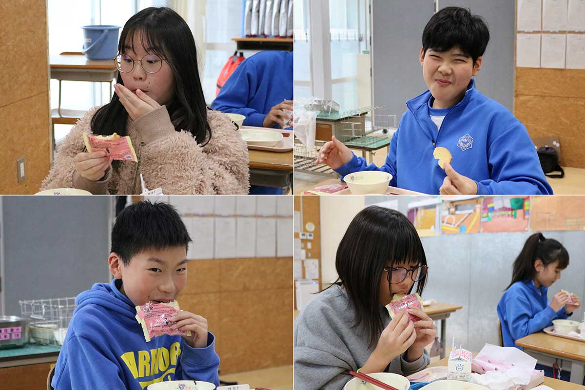 おいしい菓子に笑みがこぼれる。作ってくれた工場の皆さんにも感謝して味わう