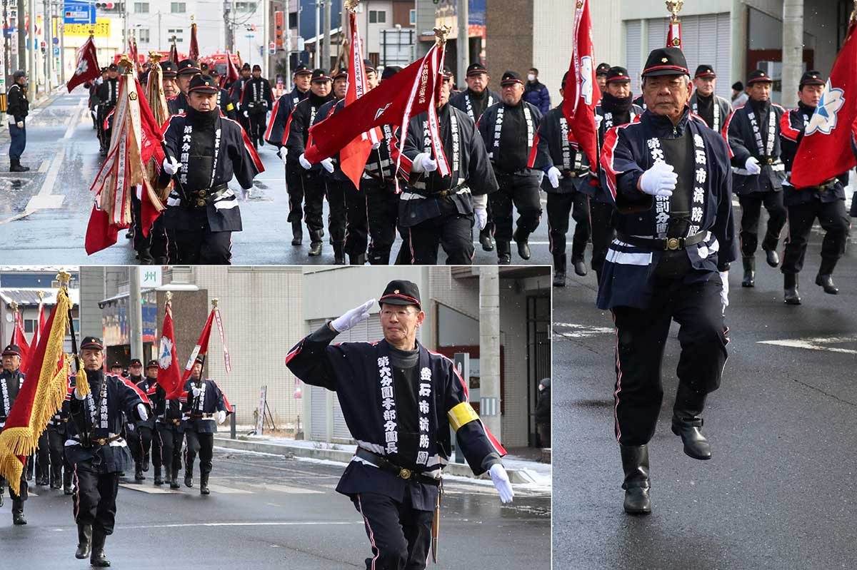隊列を組んで整然と行進する第6分団。6分団本部の佐々木実分団長(左下写真先頭)は40年勤続で表彰された