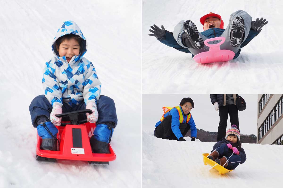 そり滑りに夢中になる子どもたち。笑顔が広がった