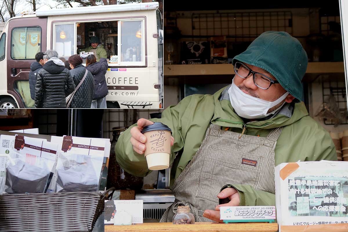 釜石大観音仲見世通りに新店舗を構える予定のハピスコーヒー店主、岩鼻伸介さん（右）